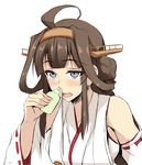  ahoge bare_shoulders blue_eyes blush bottle breasts brown_hair commentary_request detached_sleeves hair_bun headgear kantai_collection kongou_(kantai_collection) long_hair medium_breasts nontraditional_miko open_mouth simple_background solo tears white_background zekkyon 