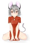  absurdres alternate_costume animal_ears bangs bare_legs barefoot blush breasts brown_eyes china_dress chinese_clothes closed_mouth commentary_request dress full_body grey_hair hair_between_eyes heart heart-shaped_pupils highres looking_at_viewer mouse_ears mouse_tail nazrin netamaru pelvic_curtain red_dress short_hair short_sleeves sitting small_breasts smile solo symbol-shaped_pupils tail touhou v_arms wariza 