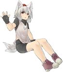  adapted_costume animal_ears bike_shorts black_gloves brown_eyes fingerless_gloves from_side full_body gloves hair_between_eyes hat inubashiri_momiji looking_at_viewer looking_to_the_side netamaru pom_pom_(clothes) shoes short_hair silver_hair sitting sneakers solo tokin_hat touhou triangle_mouth undershirt wolf_ears 