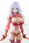  blue_hair breasts cleavage copyright_request dual_wielding hiro1984 holding holding_weapon large_breasts long_hair midriff navel red_eyes red_legwear solo thighhighs weapon 