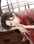  brown_hair drawer dutch_angle earrings icylove japanese_clothes jewelry kashuu_kiyomitsu long_hair male_focus mole mole_under_mouth nail_polish parted_lips ponytail red_eyes red_nails red_scarf scarf signature smile solo tasuki touken_ranbu upper_body window 