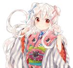  absurdres animal_print chiya_(urara_meirochou) gloves hair_between_eyes hair_ribbon harikamo highres japanese_clothes kimono long_hair official_art red_eyes ribbon silver_hair solo urara_meirochou white_background 