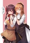  2girls absurdres apron bangs black_skirt blush breasts brown_hair casual collared_shirt embarrassed eyebrows_visible_through_hair flugel_(kaleido_scope-710) gift girls_frontline green_eyes hair_between_eyes hair_ribbon hair_rings half_updo high-waist_skirt highres holding holding_gift large_breasts long_hair long_sleeves looking_at_viewer m1903_springfield_(girls_frontline) multiple_girls necktie one_eye_closed one_side_up open_mouth outside_border pantyhose ponytail purple_hair red_eyes red_neckwear ribbon shirt sidelocks skirt sleeves_folded_up smile striped striped_shirt valentine very_long_hair wa2000_(girls_frontline) 