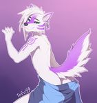  blue_eyes canine clothed clothing ear_piercing fluffy fluffy_tail fur girly looking_at_viewer male mammal piercing seductive simple_background solo tattoo tofu93 topless towel white_fur wolf 
