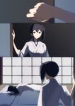  akagi_(kantai_collection) black_hair brown_eyes brown_hair comic futon highres japanese_clothes kaga_(kantai_collection) kantai_collection kisetsu long_hair lying multiple_girls short_hair shouji side_ponytail sleeping sliding_doors 