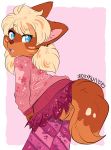  2019 anthro blonde_hair blue_eyes butt canid canine clothed clothing digital_drawing_(artwork) digital_media_(artwork) female fox from_behind_(disambiguation) fur hair iroxykun legwear looking_at_viewer looking_back mammal open_mouth orange_fur rear_view skirt solo stef_sterling sweater thigh_highs twintails_(disambiguation) 