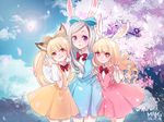  animal_ears blonde_hair bow brown_eyes bunny_ears cherry_blossoms cloud curly_hair day dog_ears dress elin_(tera) grin long_hair mang_gi multiple_girls no_tail outdoors purple_eyes ribbon silver_hair sky smile sun tera_online tree twintails v 