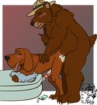  anal anal_penetration anthro bed butt canine condom dog duo fur hand_on_tail hat male male/male mammal mcgruff_the_crime_dog penetration penis pillow scruff_mcgruff sex slightly_chubby smokey_bear tongue 