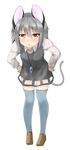  :o absurdres animal_ears bangs blush brown_eyes brown_footwear full_body grey_hair grey_legwear grey_skirt grey_vest hair_between_eyes hands_on_hips highres jewelry leaning_forward long_sleeves looking_at_viewer mouse_ears mouse_tail nazrin netamaru parted_lips pendant shoes short_hair skirt skirt_set solo standing tail thighhighs touhou triangle_mouth v-shaped_eyebrows vest 