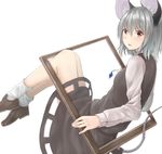  animal_ears bangs black_footwear black_skirt black_vest blush bobby_socks breasts brown_eyes frame from_side grey_hair hair_between_eyes highres jewelry legs_together long_sleeves looking_at_viewer looking_to_the_side mouse_ears mouse_tail nazrin netamaru parted_lips pendant shoes skirt small_breasts socks solo tail touhou vest white_legwear 