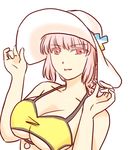  adjusting_clothes adjusting_hat bikini breasts chaldea_lifesavers cleavage fate/grand_order fate_(series) florence_nightingale_(fate/grand_order) hat large_breasts navel open_mouth pink_hair purecoma red_eyes solo swimsuit underboob white_background yellow_bikini 