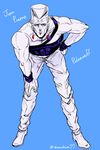  abs bent_over blue_background blue_eyes character_name earrings full_body hand_on_hip hand_on_own_knee jean_pierre_polnareff jewelry jojo_no_kimyou_na_bouken male_focus monochrome muscle solo spot_color stardust_crusaders twitter_username wristband zazamiso 