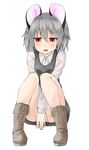  :o absurdres animal_ears bangs blush boots brown_footwear covering covering_crotch cross-laced_footwear full_body grey_hair grey_skirt grey_vest hair_between_eyes highres knees_up lace-up_boots long_sleeves looking_at_viewer mouse_ears nazrin netamaru parted_lips short_hair sitting skirt skirt_set solo touhou v-shaped_eyebrows v_arms vest 