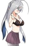  ahoge arched_back areolae black_bra blush bra breasts cowboy_shot eyebrows_visible_through_hair from_side grey_eyes grey_hair grey_legwear hair_between_eyes highres kantai_collection kiyoshimo_(kantai_collection) long_hair looking_down low_twintails miniskirt multicolored_hair nipples oversized_breast_cup oversized_clothes pantyhose pleated_skirt purple_legwear shayo skirt small_breasts solo twintails two-tone_hair underwear very_long_hair 