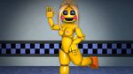  2017 3d_(artwork) animatronic anthro avian beakless bird blue_eyes breasts chicken digital_media_(artwork) feathers female five_nights_at_freddy&#039;s five_nights_at_freddy&#039;s_2 hair hi_res looking_at_viewer machine nipples non-mammal_breasts nude on_one_leg open_mouth pinup pose pussy robot smile solo source_filmmaker standing tail_feathers teeth toy_chica_(fnaf) video_games xboxking37 