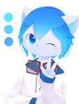  anthro aoino blue_eyes blue_hair blush canine clothing cub dog eyewear fur goggles hair hoodie male mammal one_eye_closed simple_background solo v_sign white_background white_fur wink young 