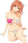  arm_support barefoot bikini breasts cleavage dead_or_alive dead_or_alive_5 eyepatch_bikini honoka_(doa) large_breasts long_hair looking_at_viewer navel one_side_up orange_hair parted_lips red_eyes shu-z side_ponytail sitting solo swimsuit thighs underboob wide_hips 