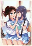  :d absurdres aqua_neckwear arm_holding black_hair black_legwear blue_eyes blue_skirt chair collarbone curtains eye_contact eyebrows_visible_through_hair finger_to_another's_mouth hair_between_eyes hibike!_euphonium highres indoors instrument kasaki_nozomi kneeling locked_arms long_hair looking_at_another multiple_girls neckerchief oboe open_mouth pleated_skirt profile red_eyes school_chair school_uniform serafuku shirt short_sleeves side-by-side sitting skirt smile white_legwear white_shirt window yazawa_oke yoroizuka_mizore yuri 