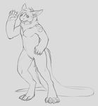  2017 anthro black_and_white canine claws cuntboy digital_drawing_(artwork) digital_media_(artwork) dragon drawolf front_view fur hi_res hybrid intersex kalama_(dragondruid) mammal markings monochrome neck_tuft nude pawpads paws pussy simple_background sketch solo standing tuft waving white_background wolf yaroul 
