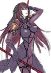  bodysuit breasts covered_navel dual_wielding fate/grand_order fate_(series) gae_bolg holding holding_weapon kishizuka_kenji large_breasts long_hair looking_at_viewer parted_lips protected_link purple_hair red_eyes scathach_(fate)_(all) scathach_(fate/grand_order) simple_background solo veil weapon white_background 