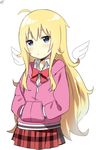  angel_wings blonde_hair bow gabriel_dropout hands_in_pockets highres jacket long_hair long_sleeves skirt sky_(freedom) solo tenma_gabriel_white very_long_hair wings 
