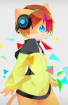  anthro aoino blue_eyes bottomless brown_hair cat clothed clothing cub feline fur hair headphones headset male mammal orange_fur solo standing young 