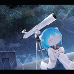  anthro aoino blue_hair blush canine chain_link_fence clothing coffee_mug cub dog eyes_closed eyewear fur goggles hair hoodie male mammal night rooftop shorts sitting sky smile solo star telescope white_fur young 