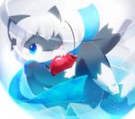  anthro aoino black_fur blue_eyes blush canine cherry cub cup food fruit fur hair holding_object ice lying male mammal on_back one_eye_closed scarf solo white_fur white_hair wink young 