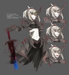  armor blonde_hair character_sheet clarent dark_persona fate/apocrypha fate/grand_order fate_(series) green_eyes horn long_hair looking_at_viewer mordred_(fate) mordred_(fate)_(all) multiple_views navel ponytail red_eyes smile sooru0720 sword weapon 