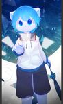  anthro aoino blue_eyes blue_hair blush canine clock clothing cub dog fur hair hoodie looking_at_viewer male mammal open_mouth shorts solo standing star umbrella white_fur young 