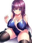  between_breasts black_legwear blue_eyes blue_swimsuit blush breasts competition_school_swimsuit covered_nipples curvy eyebrows_visible_through_hair hair_ornament hair_over_breasts hairclip hand_on_own_chest highres huge_breasts long_hair one-piece_swimsuit original puffy_nipples purple_hair sidelocks simple_background sitting smile solo swimsuit thighhighs tsukumiya_amane wariza wet 