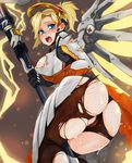  adultonly ass bad_id bad_pixiv_id blonde_hair blue_eyes blush breasts gloves gun halo highres holding holding_gun holding_staff holding_weapon large_breasts looking_at_viewer looking_back mechanical_wings mercy_(overwatch) open_mouth overwatch pantyhose partially_visible_vulva solo staff teeth thick_thighs thighhighs thighs tongue torn_clothes torn_legwear weapon wings 