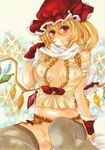  absurdres blonde_hair breasts breasts_apart covered_nipples cowboy_shot crystal detached_sleeves flandre_scarlet garter_belt gloves hat highres lips long_hair looking_at_viewer marker_(medium) medium_breasts nipples no_panties red_eyes scarf see-through short_sleeves side_ponytail sitting solo thighhighs touhou traditional_media wings yurun 