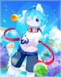  anthro aoino blue_eyes blue_hair blush candy canine clothing cloud cub dog eyewear food fur goggles hair hoodie looking_at_viewer male mammal one_eye_closed shorts solo standing umbrella white_fur wink young 