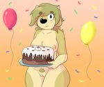  2016 anthro areola balloon black_nose blush bovine breasts bzeh cake cattle confetti female food freckles frosting fur gradient_background green_hair hair holding_object looking_at_viewer maggie_hudson mammal nipples nude one_eye_closed orange_background pink_background pubes pussy red_eyes simple_background solo standing tan_fur wide_hips 