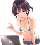  :d bikini black_hair blue_bikini blush breasts brown_eyes computer cowboy_shot halterneck highres laptop leaning_forward looking_at_viewer micro_bikini napata navel one-piece_tan one_side_up open_fly open_mouth open_pants original short_hair short_shorts shorts skindentation small_breasts smile solo string_bikini swimsuit tan tanline transparent_background 