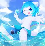  anthro aoino blue_eyes blue_hair blush canine clothed clothing cloud cub dog floatie fur hair looking_at_viewer male mammal one_eye_closed open_mouth rainbow smile solo topless white_fur wink young 