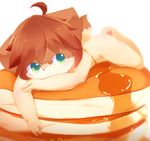  aoino brown_fur brown_hair canine cub dog food fur green_eyes hair hindpaw looking_away lying male mammal nude on_front pancake paws simple_background solo syrup white_background young 