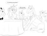  2017 black_and_white crown cutie_mark dialogue english_text equine female feral friendship_is_magic fur group hair horn horse jewelry magic male mammal monochrome my_little_pony necklace princess_celestia_(mlp) princess_luna_(mlp) silfoe table text unicorn 