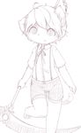  aoino athro black_and_white bow_tie cat clothing cub feline looking_at_viewer male mammal melee_weapon monochrome on_one_leg polearm scythe shorts simple_background sketch solo standing suspenders weapon white_background young 
