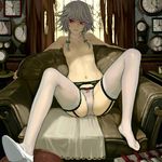  :q armchair as109 bow bow_panties braid breasts cameltoe chair checkered clock collarbone commentary_request curtains easy_chair feet feet_on_chair garter_belt hair_bow hair_censor hair_over_breasts highres izayoi_sakuya knees_up knife leaning_back legs licking_lips lingerie long_legs nail_polish naughty_face navel panties red_eyes shoes short_hair silver_hair single_shoe sitting small_breasts solo spread_legs teasing thighhighs tongue tongue_out topless touhou twin_braids underwear underwear_only weapon white_legwear white_panties 