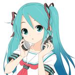  aqua_eyes aqua_hair collarbone gradient_hair hair_ribbon hands_up hatsune_miku headphones headphones_around_neck holding_headphones long_hair looking_at_viewer multicolored_hair neckerchief parted_lips ribbon school_uniform serafuku short_sleeves simple_background solo soukun_s twintails upper_body vocaloid white_background 