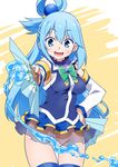  akou_roushi aqua_(konosuba) aqua_eyes aqua_hair bow breasts convenient_censoring cowboy_shot detached_sleeves fan frilled_shirt_collar frills green_bow hand_on_hip holding holding_fan kono_subarashii_sekai_ni_shukufuku_wo! long_hair medium_breasts microskirt paper_fan see-through skirt smile solo thighhighs very_long_hair water yellow_background zettai_ryouiki 