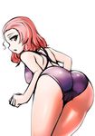  aegis_(nerocc) ass bangs bent_over blue_swimsuit brown_eyes commentary cowboy_shot crotch_seam from_behind girls_und_panzer hips looking_at_viewer looking_back one-piece_swimsuit parted_bangs parted_lips red_hair rosehip short_hair simple_background solo standing swimsuit thighs white_background 