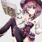  ;q bad_id bad_pixiv_id bare_shoulders belt book detached_sleeves fate/grand_order fate_(series) flat_chest hat helena_blavatsky_(fate/grand_order) looking_at_viewer one_eye_closed purple_eyes purple_hair short_hair smile solo strapless swav thighhighs tongue tongue_out tree_of_life white_sleeves 