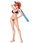  1girl arms_up azuma_kamimura baseball_bat bikini black_bikini breasts cara_the_blood_lord censored erect_nipples groin hand_on_hips kagami_hirotaka lilith-soft open_clothes open_shirt orange_hair posing purple_eyes shirt solo swimsuit weapon 