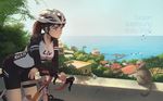  animal bicycle bicycle_helmet bike_shorts bird breasts brown_hair city collarbone flying glasses ground_vehicle helmet highres lavender_hair leaning_forward long_hair medium_breasts monkey ocean palm_tree ponytail riding safety_glasses seagull skin_tight tienao tree 