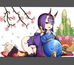  absurdres ass banana bare_shoulders branch cherry_blossoms fan fang fate/grand_order fate_(series) food fruit grapes highres horns jibako kadomatsu kneeling looking_at_viewer new_year oni purple_eyes purple_hair short_hair shuten_douji_(fate/grand_order) simple_background solo thighs 