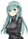  aqua_eyes aqua_hair black_sweater blush breasts commentary_request ears hair_ornament hairclip hi_nomase_ijin kantai_collection long_hair long_sleeves medium_breasts ribbed_sweater simple_background smile solo suzuya_(kantai_collection) sweater turtleneck white_background 
