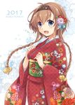  2017 alternate_costume artist_name blue_eyes braid breasts brown_hair floral_background floral_print flower hair_flower hair_ornament headband japanese_clothes kantai_collection kimono long_hair long_sleeves looking_at_viewer medium_breasts meso_(goma-meso) obi open_mouth propeller_hair_ornament red_kimono sash solo teruzuki_(kantai_collection) twin_braids wide_sleeves 